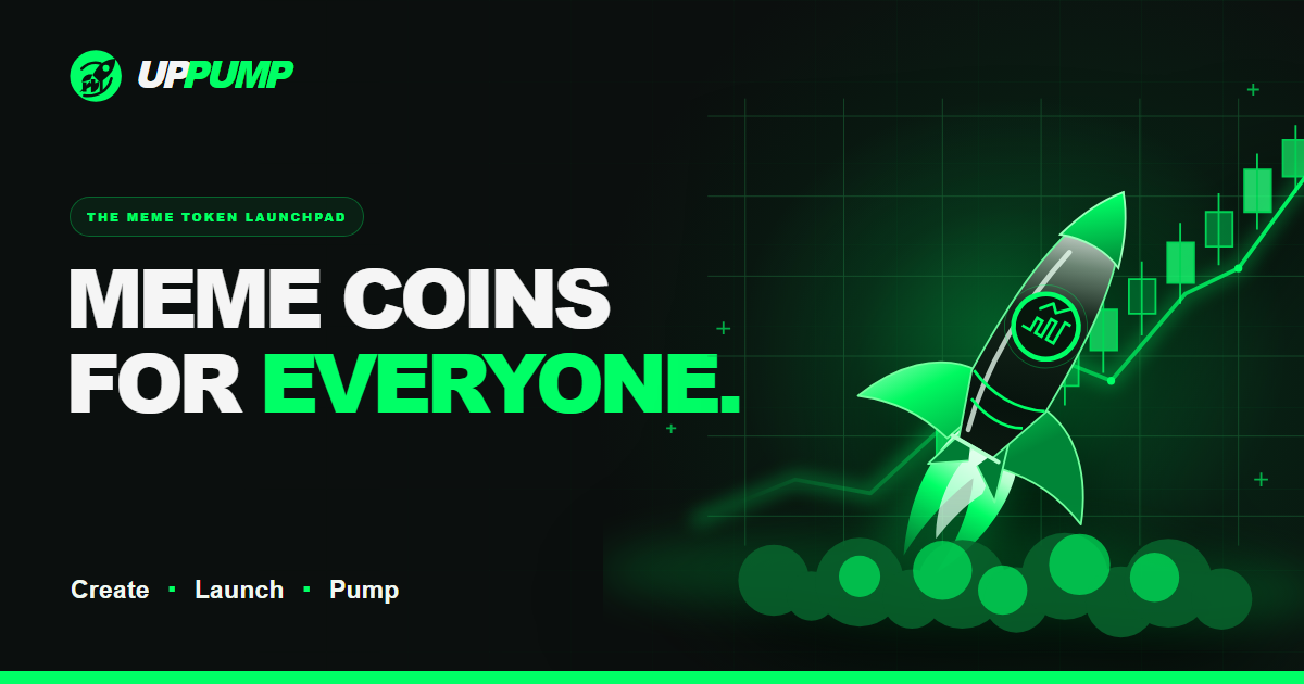 UpPump Meme Coins for Everyone social card with a green rocket and rising chart
